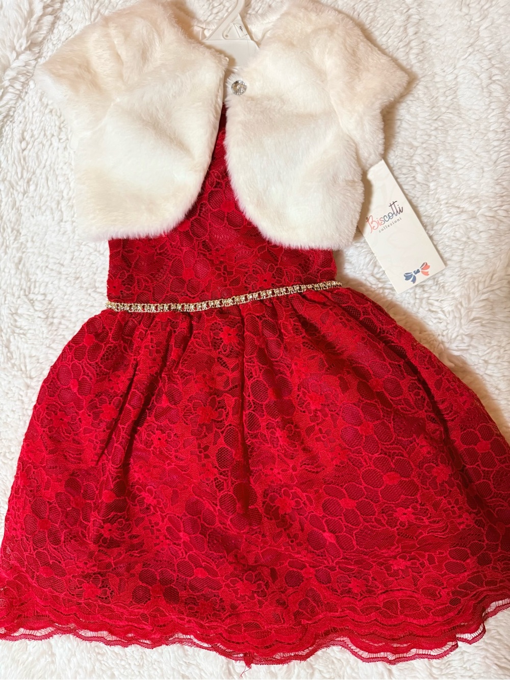 Biscotti Red Lace Party Dress with Cream Faux Fur Bolero